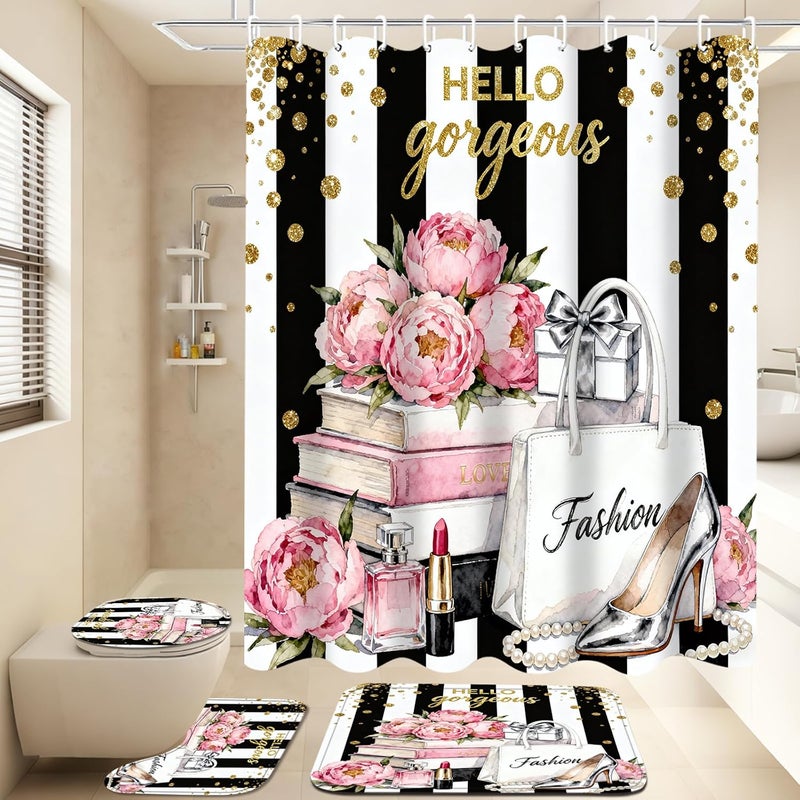 AZHM 4Pcs Pink Floral Perfume Shower Curtain Set Fashion Girly Hello Gorgeous Shower Curtains for Bathroom Black and White Striped Bathroom Decor Sets and Rugs and 12 Hooks - Image 2